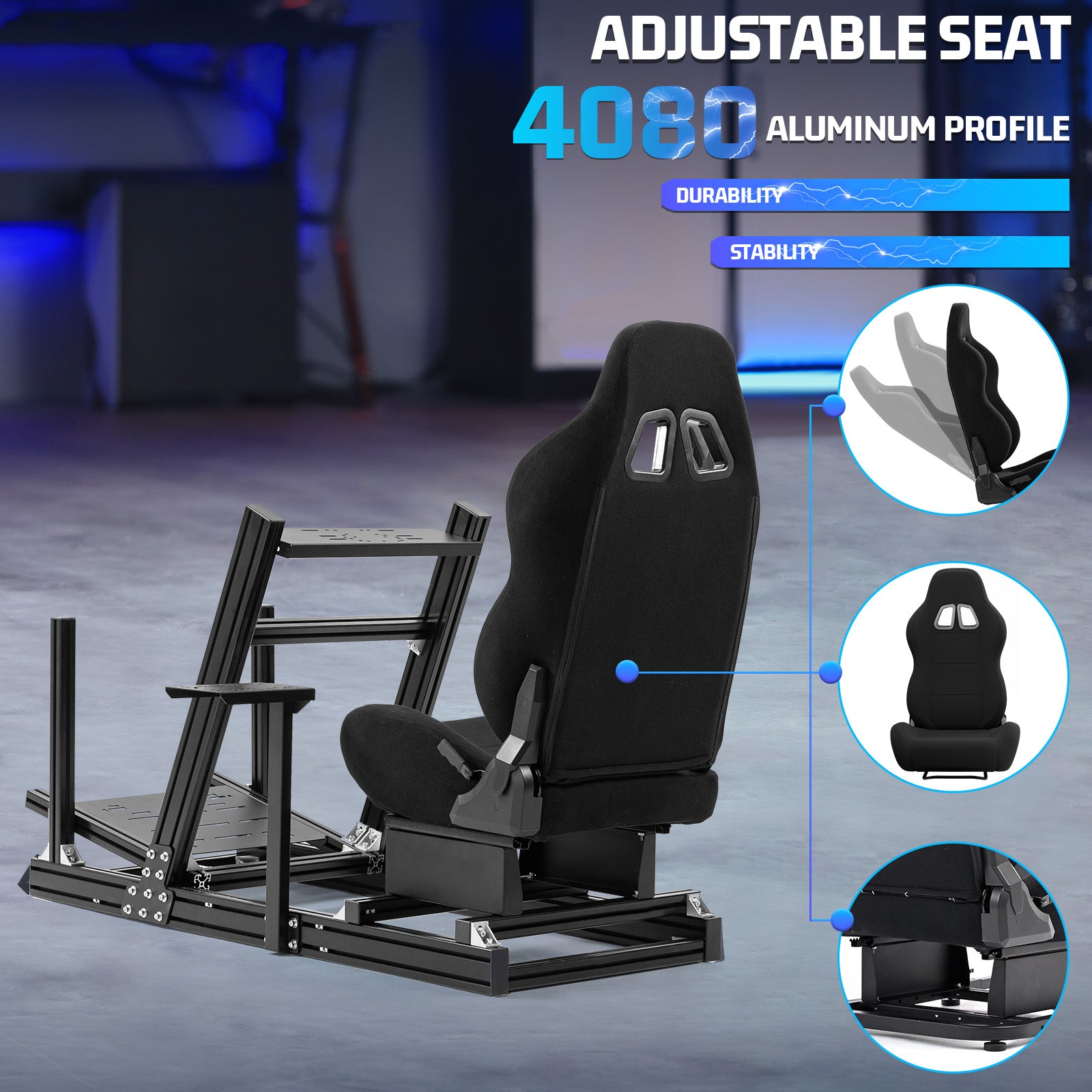 Marada Adjustable 4080 Aluminum Sim Racing Cockpit with Seat Compatible with Major Brands No Wheel Pedals