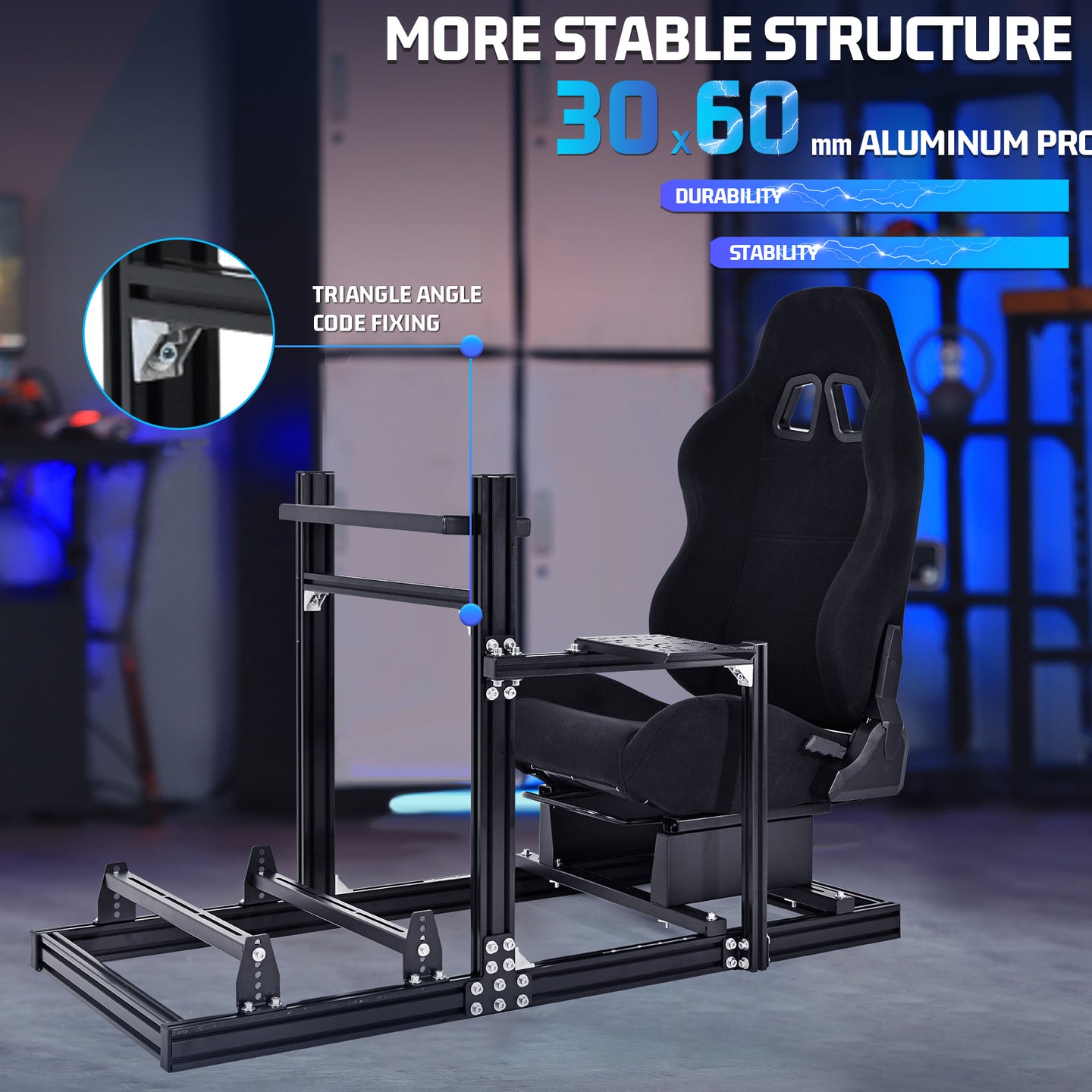 Marada Racing Sim Cockpit 3060 Aluminum Racing Stand with Black Seat Compatible with Logitech