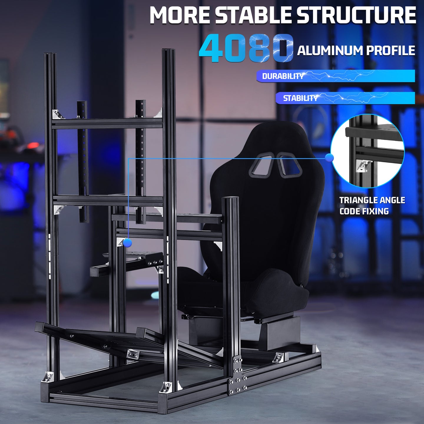 Marada 4080 Adjustable Aluminum Racing Cockpit with Monitor Mount and Black Seat | Compatible with Logitech G29 G920 & Thrustmaster T300