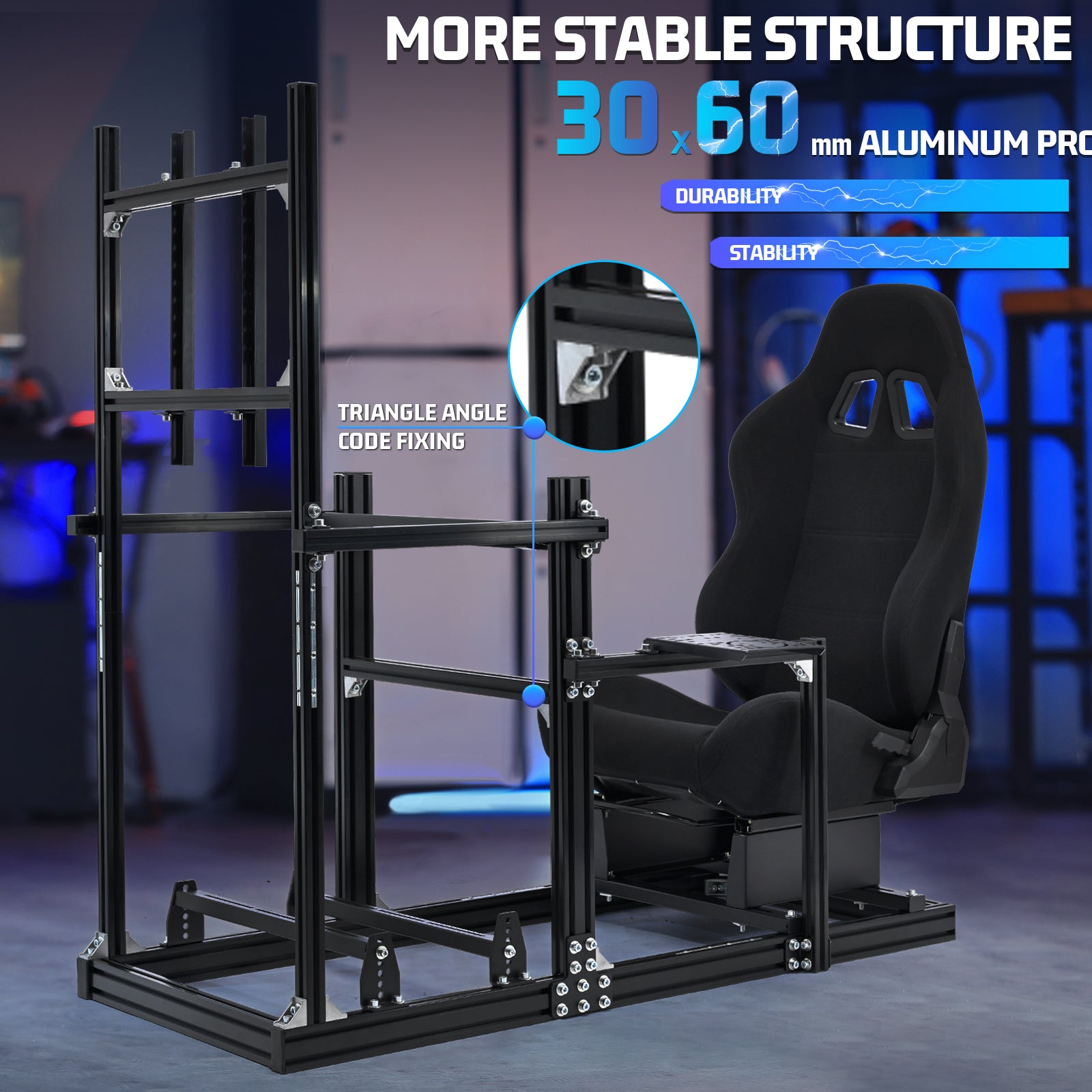 Marada 3060 Aluminum Racing Cockpit with Black PVC Seat and Integrated Display Mount, Compatible with Logitech G29 Series and Other Mainstream Steering Wheels, Includes Cockpit Frame Only - Electronics Not Included