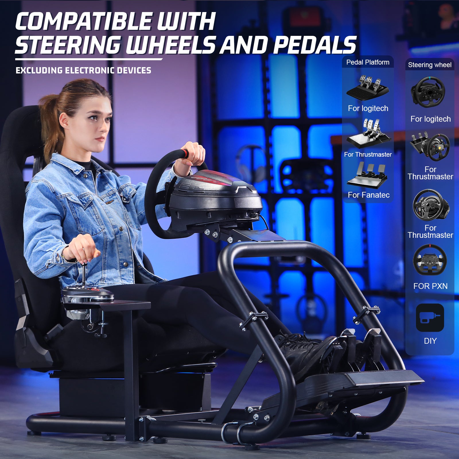 Marada Racing Wheel Stand (Cockpit 54) Adjustable Fit for |Logitech G25 G27 G29 G920 |Thrustmaster T80 T150 | Fanatec with Black Racing Seat Wheel, Pedals,and Shifter Not Include