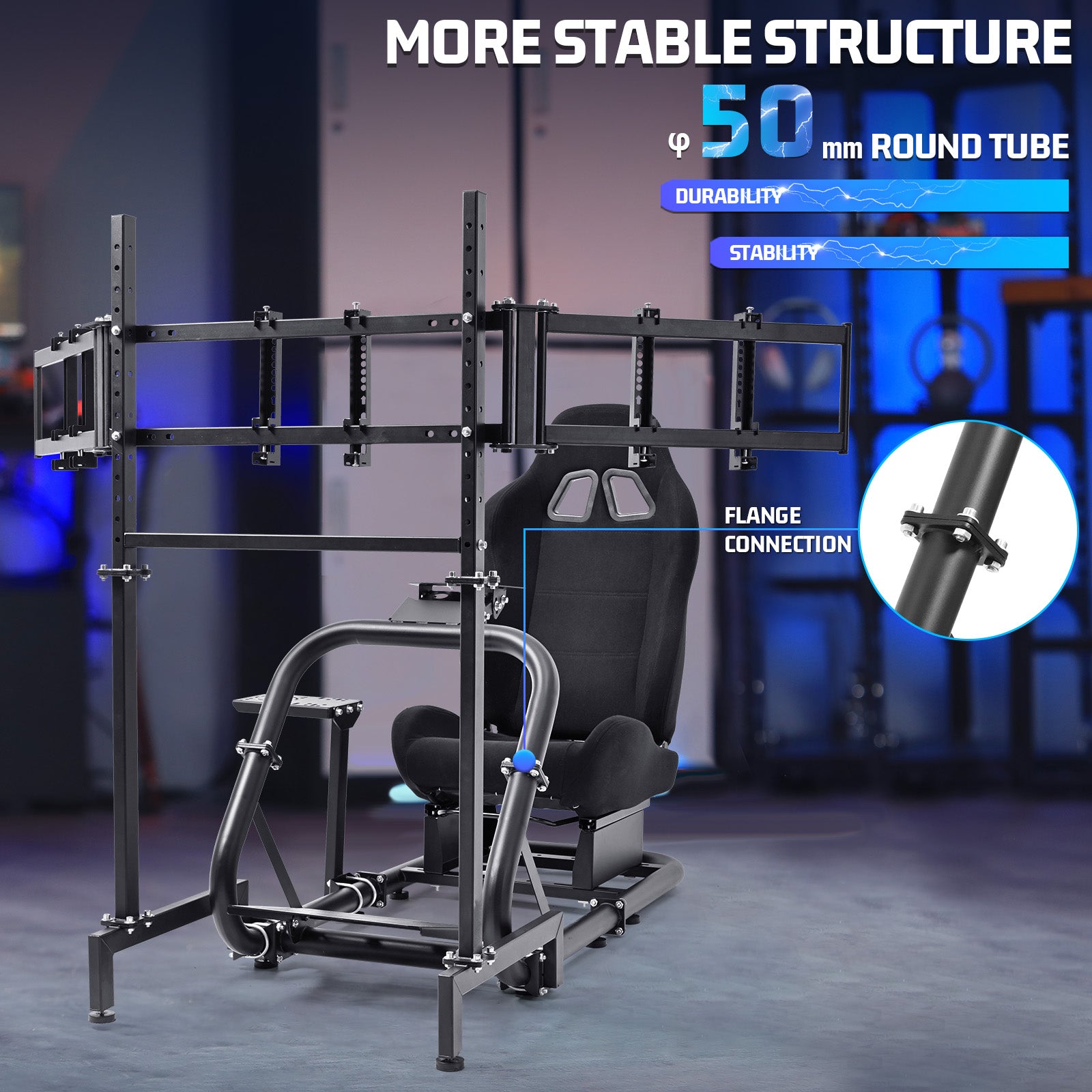 Marada Racing Simulator Cockpit with Black Seat & Triple Monitor Stand Fit for Logitech