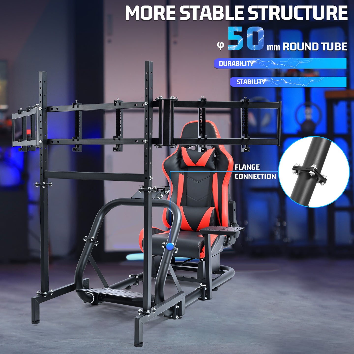 Marada Racing Sim Cockpit with Red Seat & Triple Monitor Stand Fit for Logitech G29