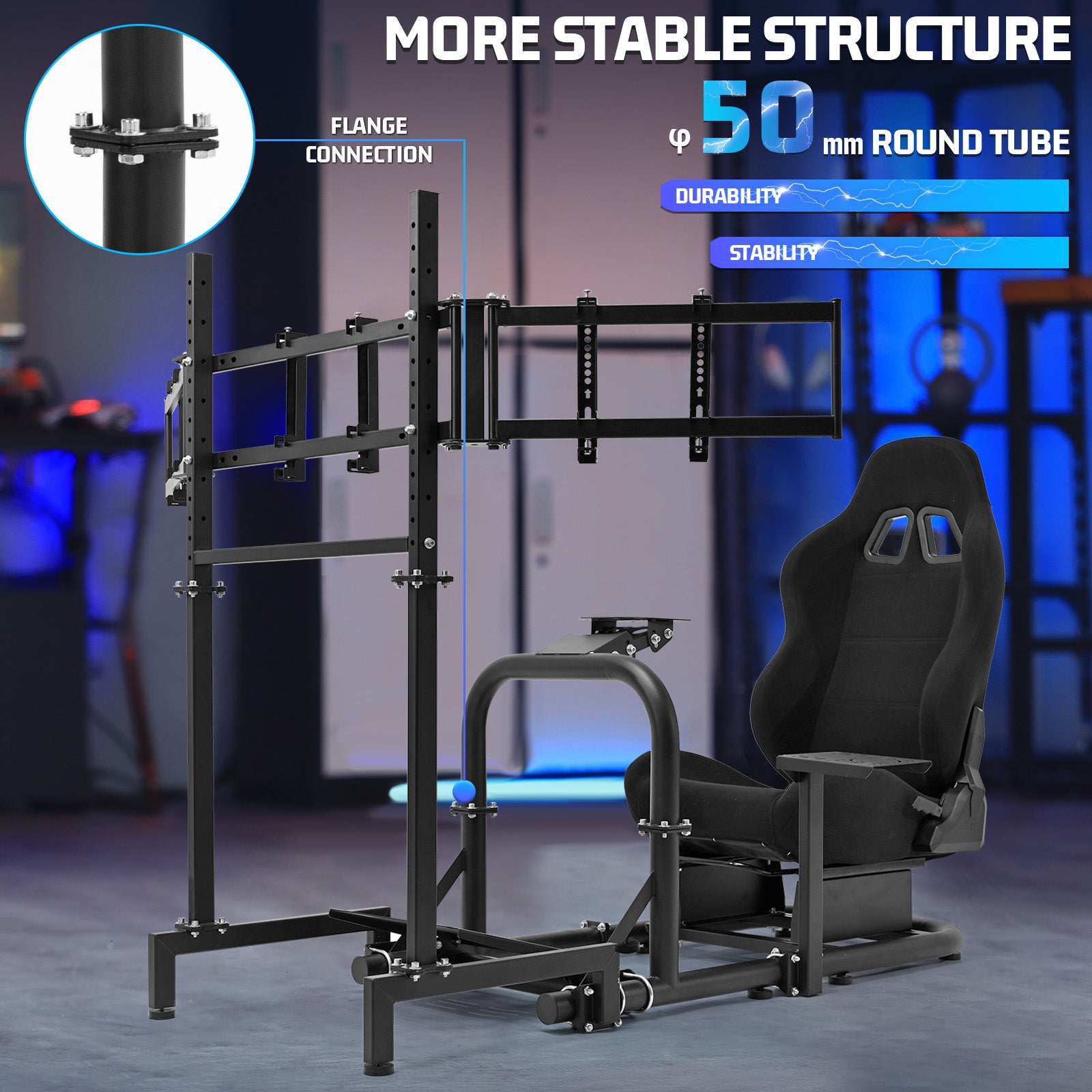 Marada Racing Simulator Cockpit with Triple Monitor Stand & Black Seat Fit forLogitech