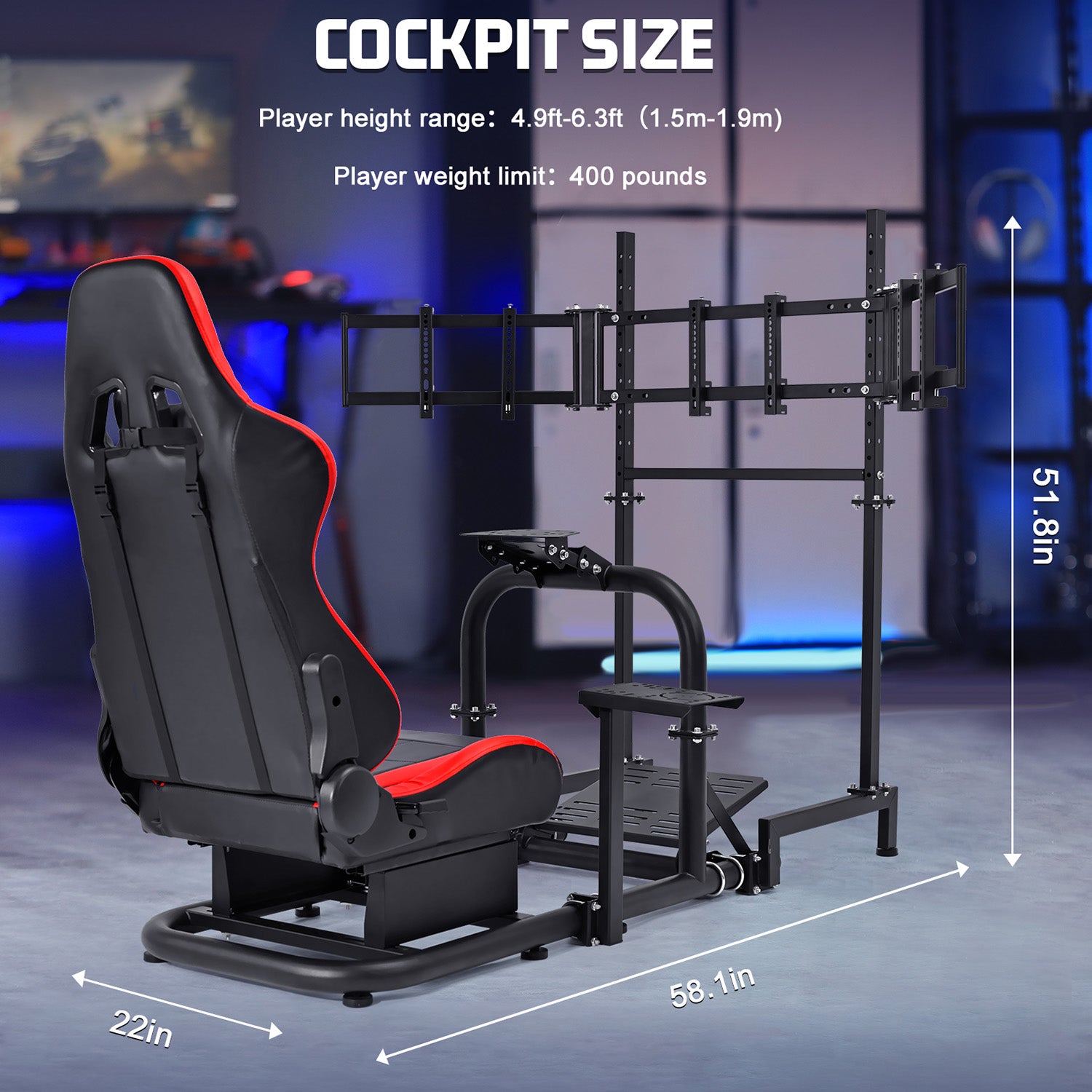 Marada Racing Simulator Cockpit with Triple Monitor Stand & Red Seat Fit LogitechG29