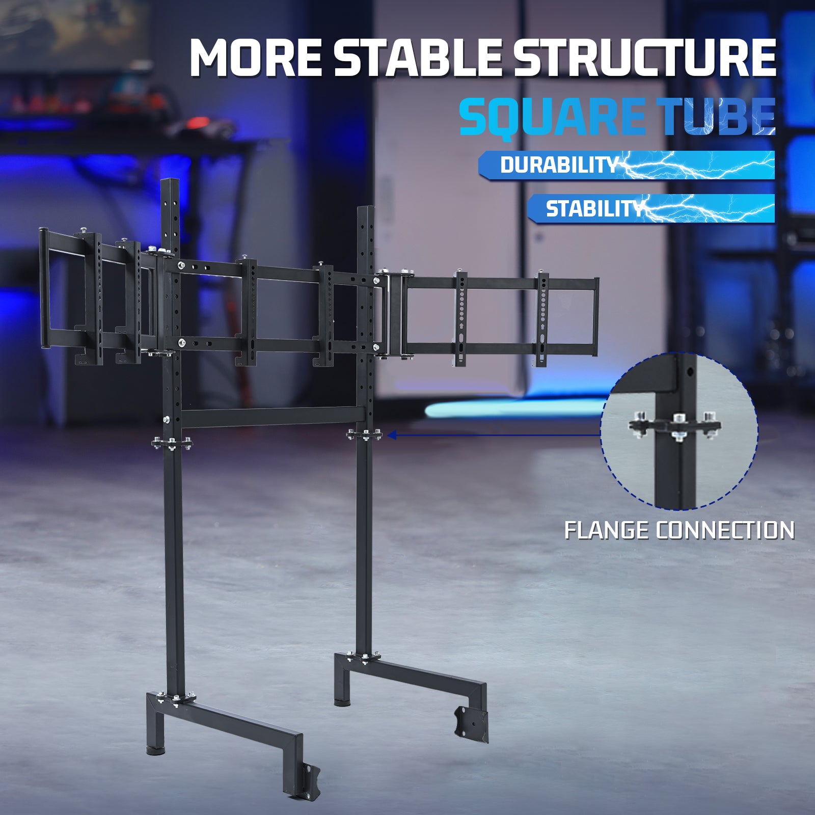 Marada Racing Simulator Triple Monitor Stand Compatible with round tube racing simulator cockpits, supports three screens