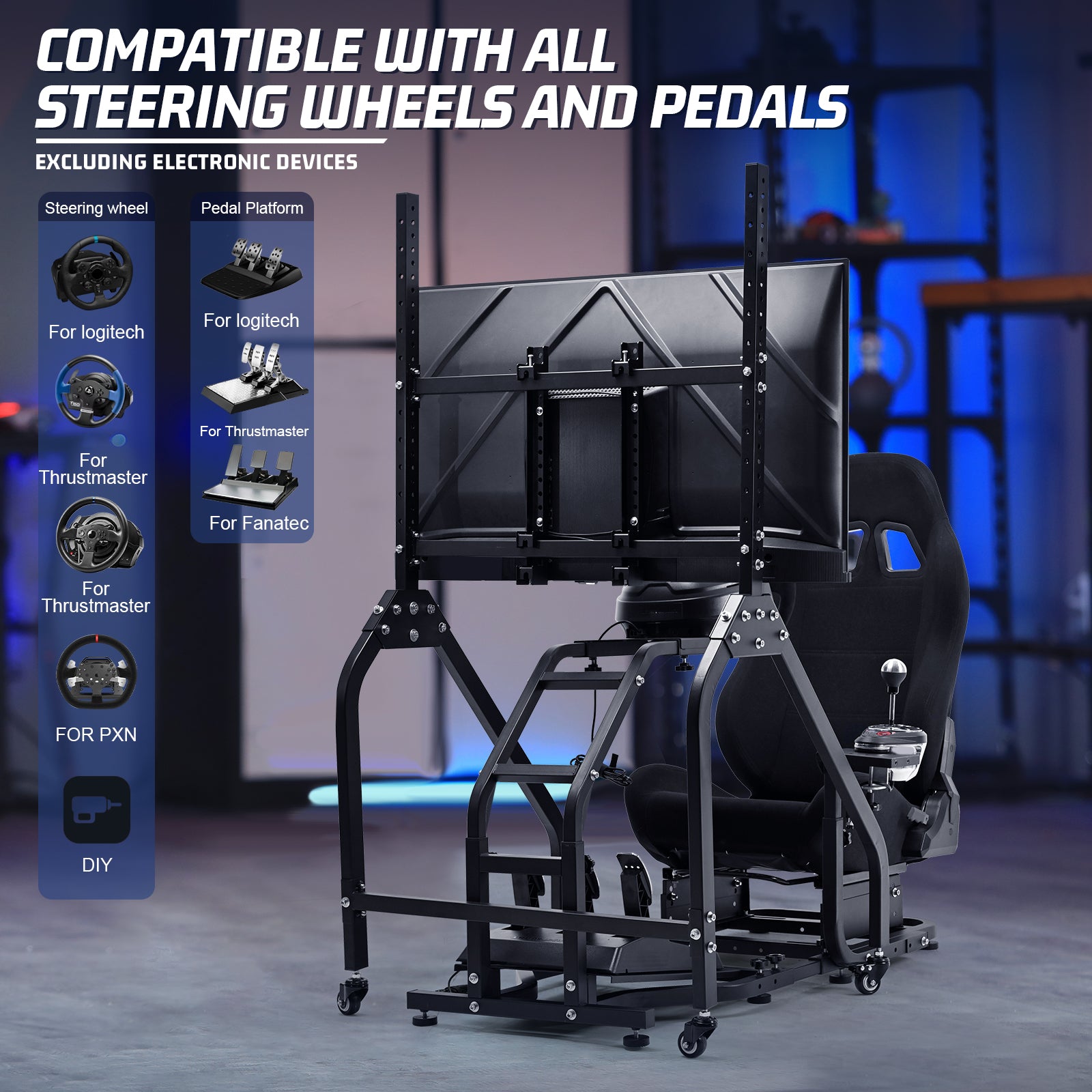 Marada Racing Sim Cockpit with Black Seat & Single Monitor Mount works with Logitech Thrustmaster electronics not included