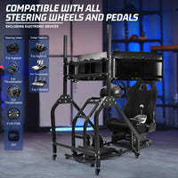Marada Adjustable Racing Sim Cockpit with Triple Monitor Stand & Black Ergonomic Seat Fits Logitech/Thrustmaster No Electronics