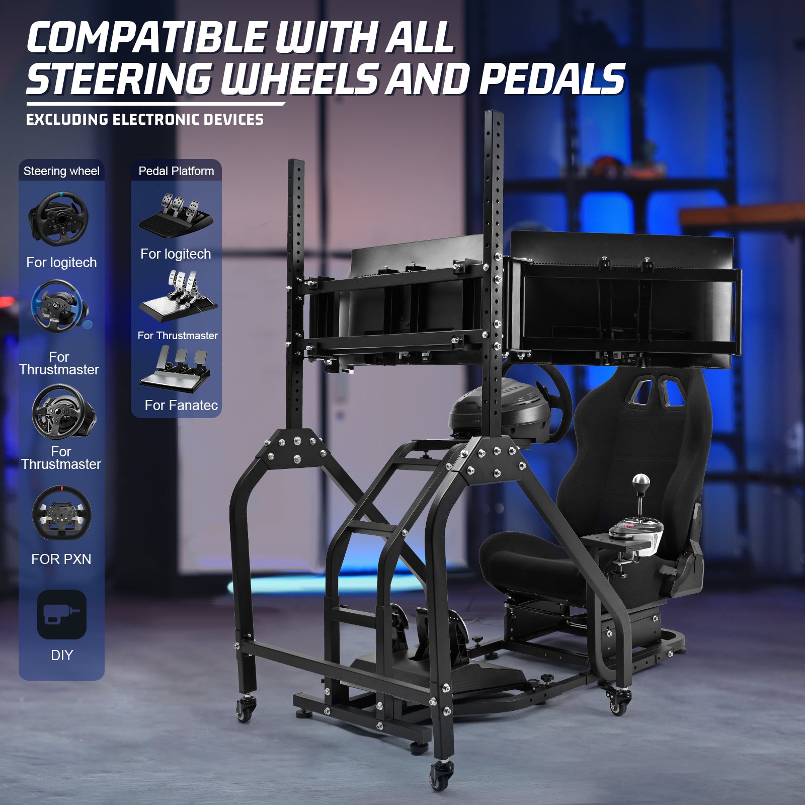 Marada Adjustable Racing Sim Cockpit with Triple Monitor Stand & Black Ergonomic Seat Fits Logitech/Thrustmaster No Electronics