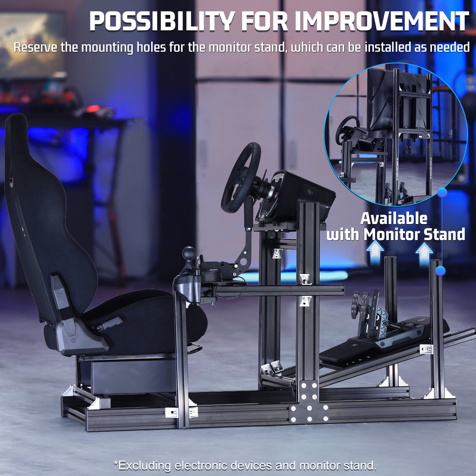 Marada 4080 Aluminum F1 Racing Cockpit Stand with Black Seat – Full Adjustable Simulator Frame Compatible with Logitech/Thrustmaster/Fanatec (Wheel/Pedals/Shifter Not Included)