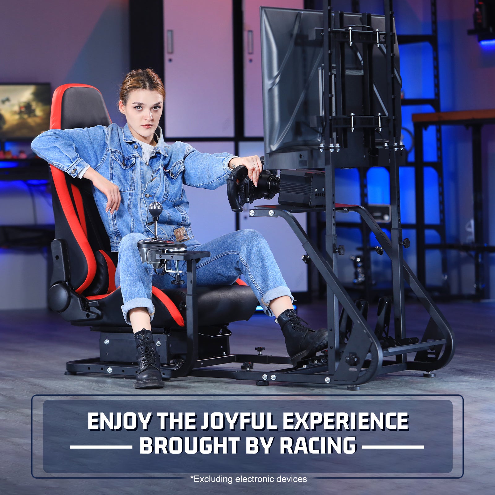 Marada Racing Simulator Cockpit Frame with Monitor Stand, Gear Mount, Red seat Compatible with G923 G920 G29 FANTEC T3PA TGT Height Adjustable Wheel and Pedals Not Included Racing Cockpit Full Kit