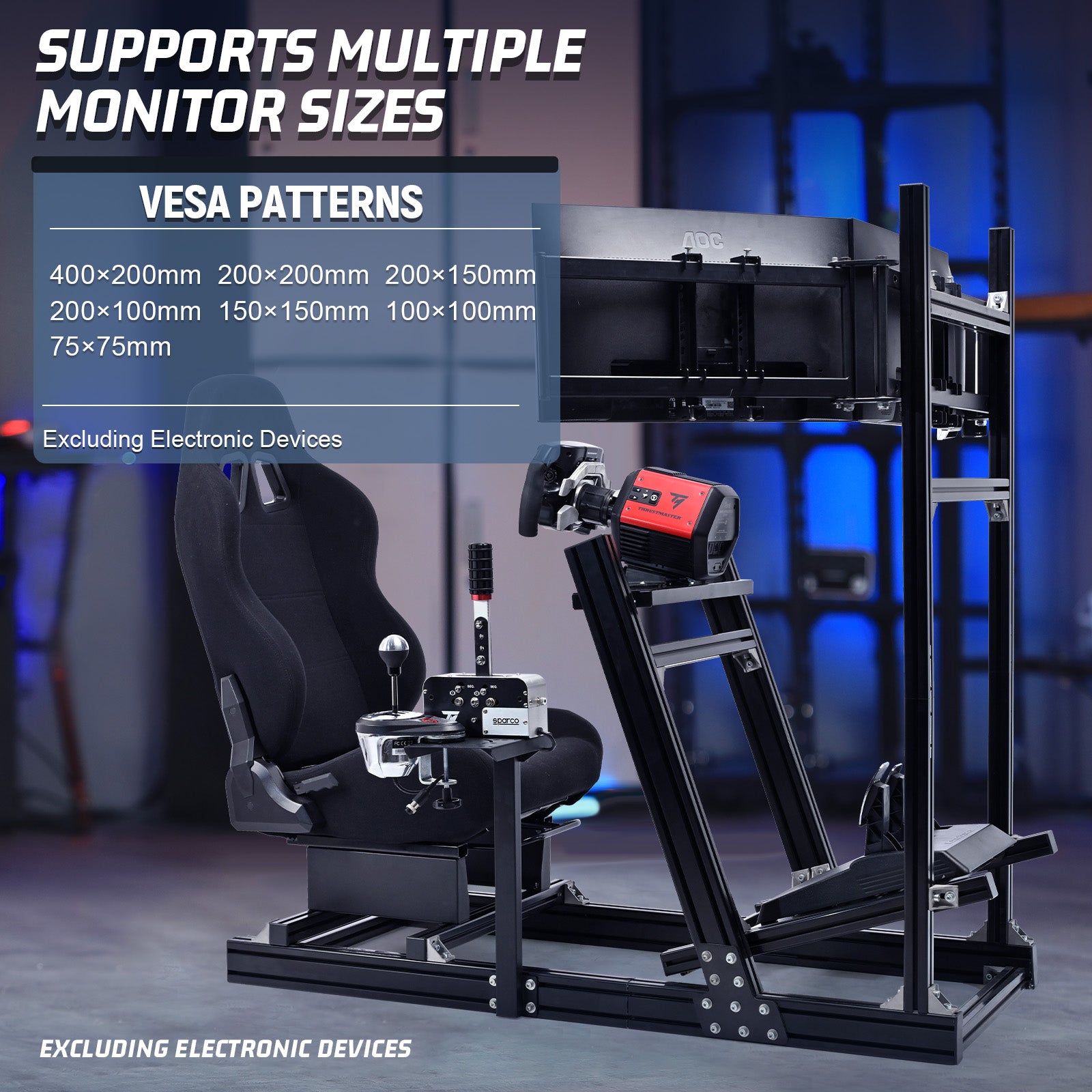 Marada 8040 Triple Screen Sim Rig with Black Racing Seat – Adjustable Cockpit Compatible with Logitech, Thrustmaster, Fanatec & Moza Wheels