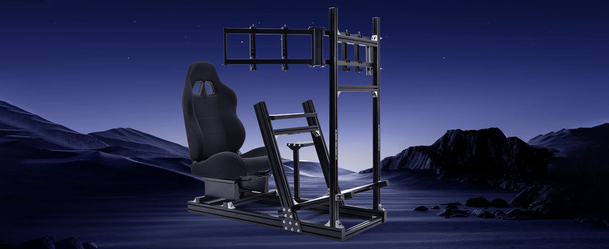 Marada Sim Racing Rig Marada 8040 Triple Screen Sim Rig with Black Racing Seat – Adjustable