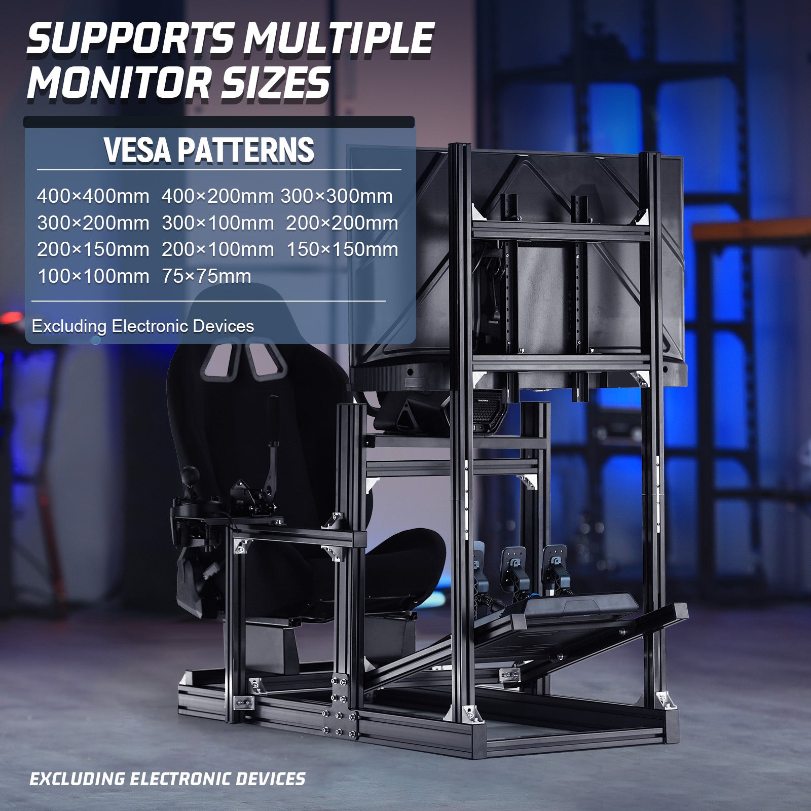 Marada 4080 Adjustable Aluminum Racing Cockpit with Monitor Mount and Black Seat | Compatible with Logitech G29 G920 & Thrustmaster T300