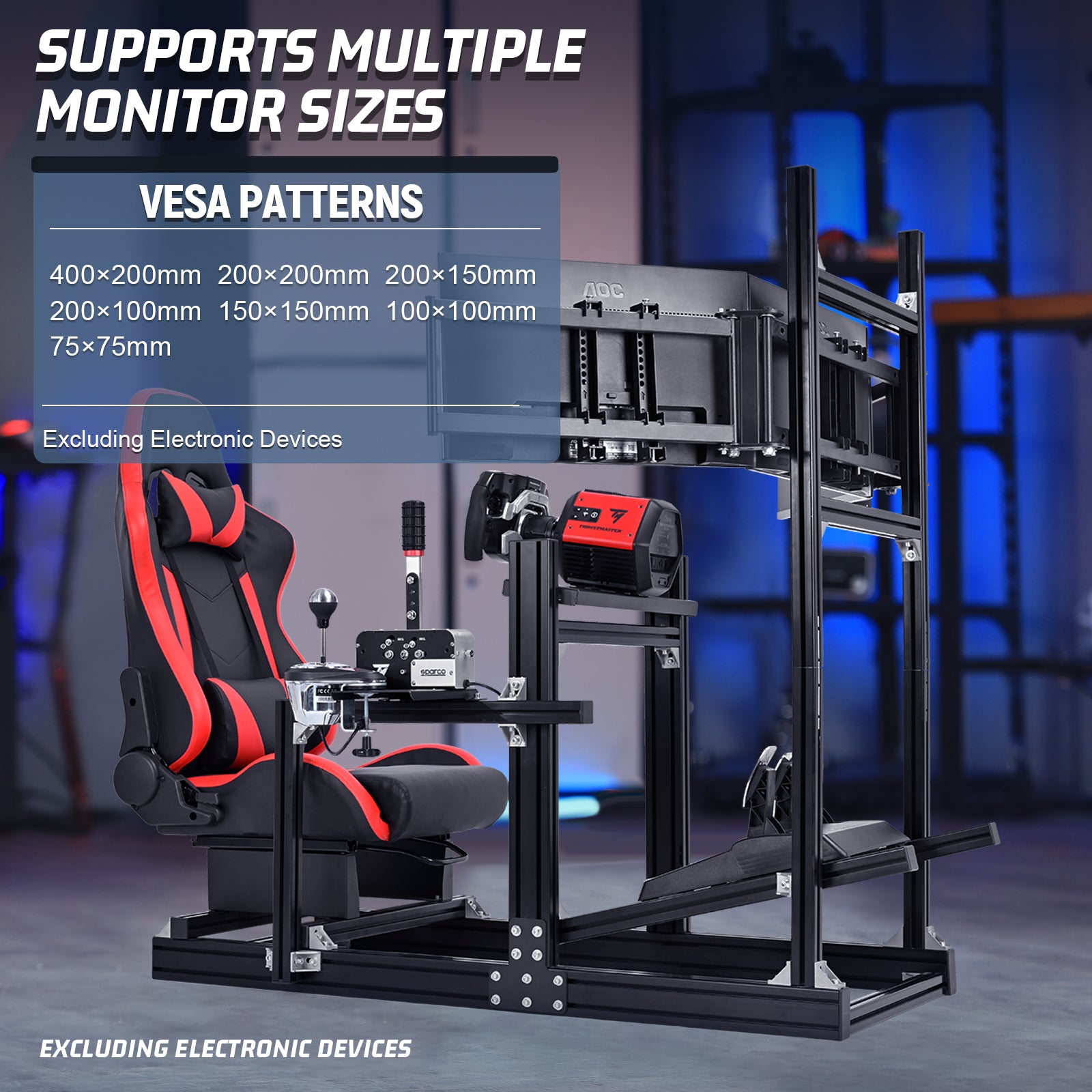 Marada 4080 Aluminum Sim Cockpit with Red Seat & Triple Monitor Mount,No Electronics Included