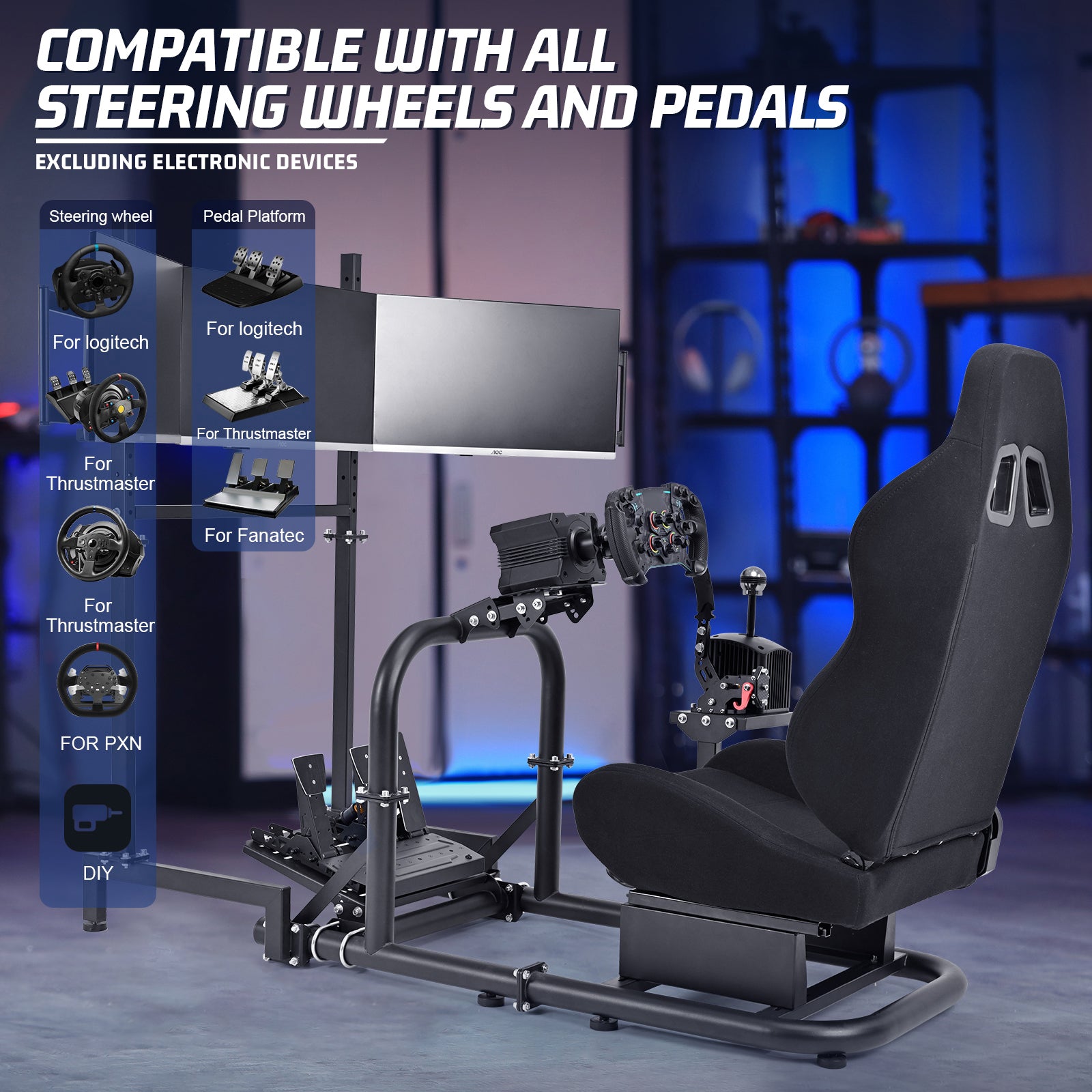 Marada Racing Simulator Cockpit with Triple Monitor Stand & Black Seat Fit forLogitech