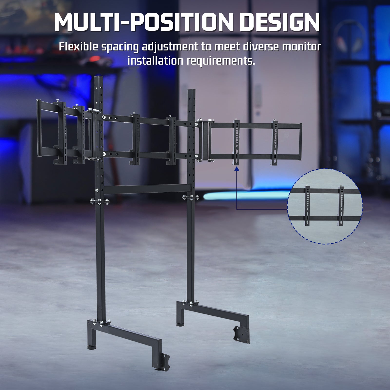 Marada Racing Simulator Triple Monitor Stand Compatible with round tube racing simulator cockpits, supports three screens