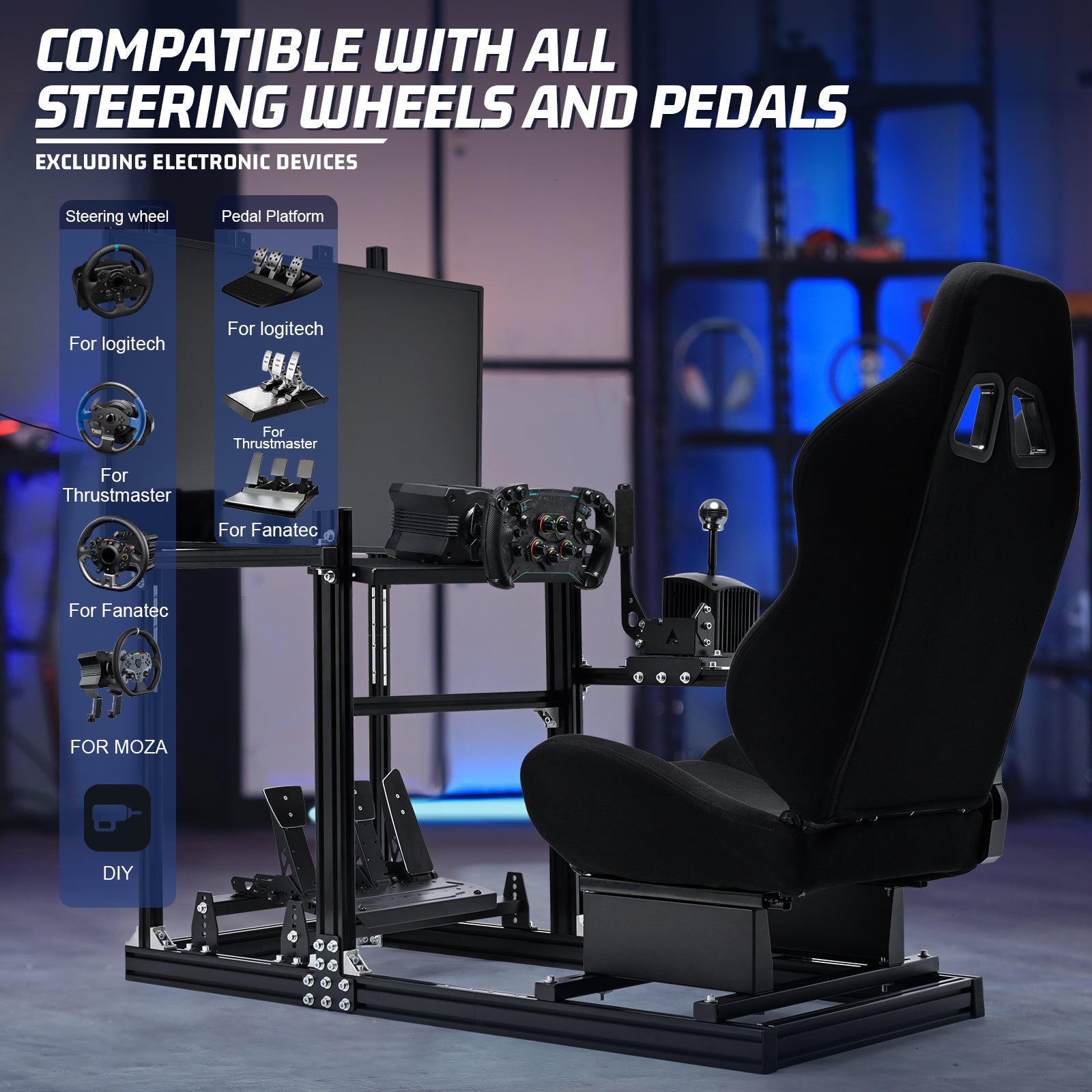 Marada 3060 Aluminum Racing Cockpit with Black PVC Seat and Integrated Display Mount, Compatible with Logitech G29 Series and Other Mainstream Steering Wheels, Includes Cockpit Frame Only - Electronics Not Included