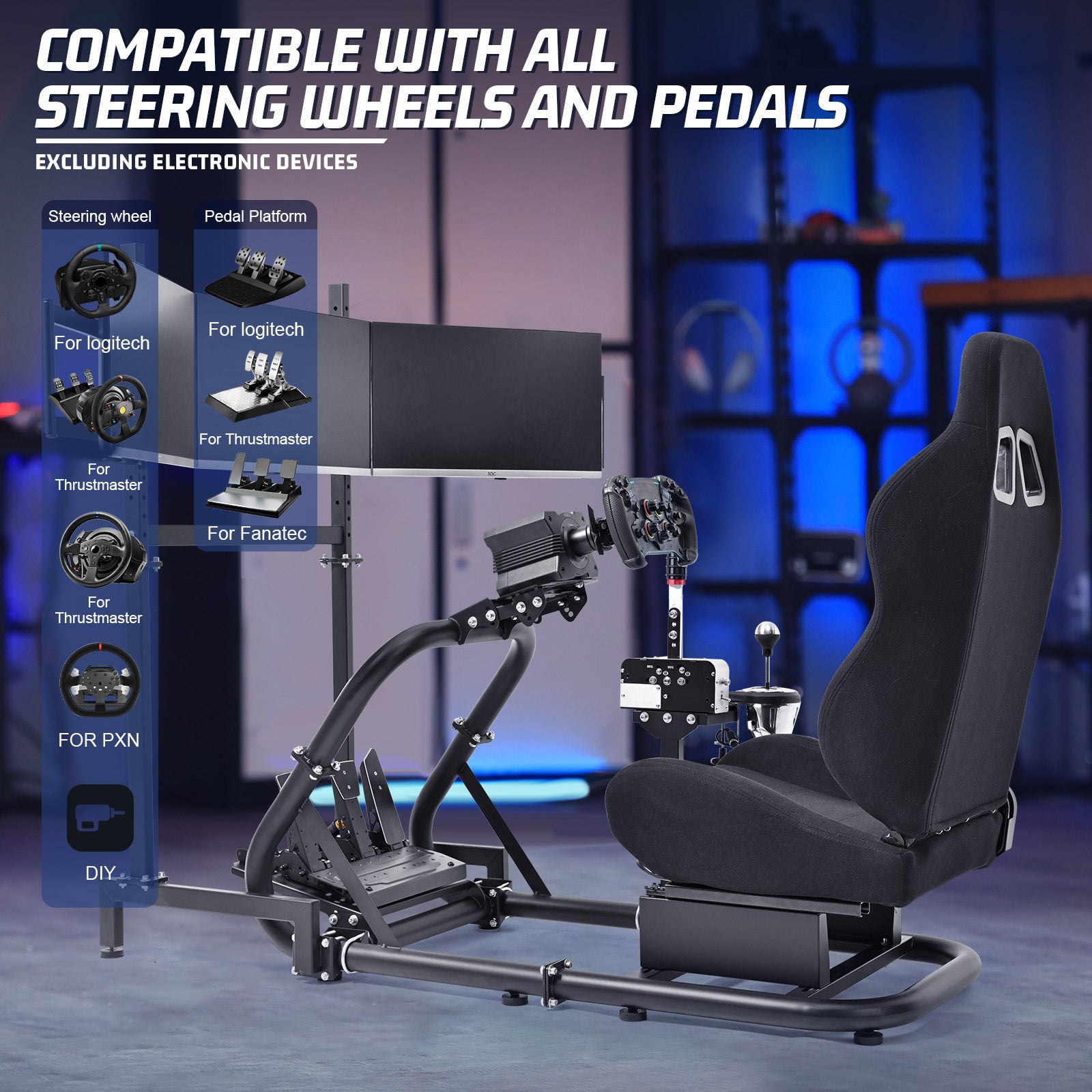 Marada Racing Simulator Cockpit with Black Seat & Triple Monitor Stand Fit for Logitech
