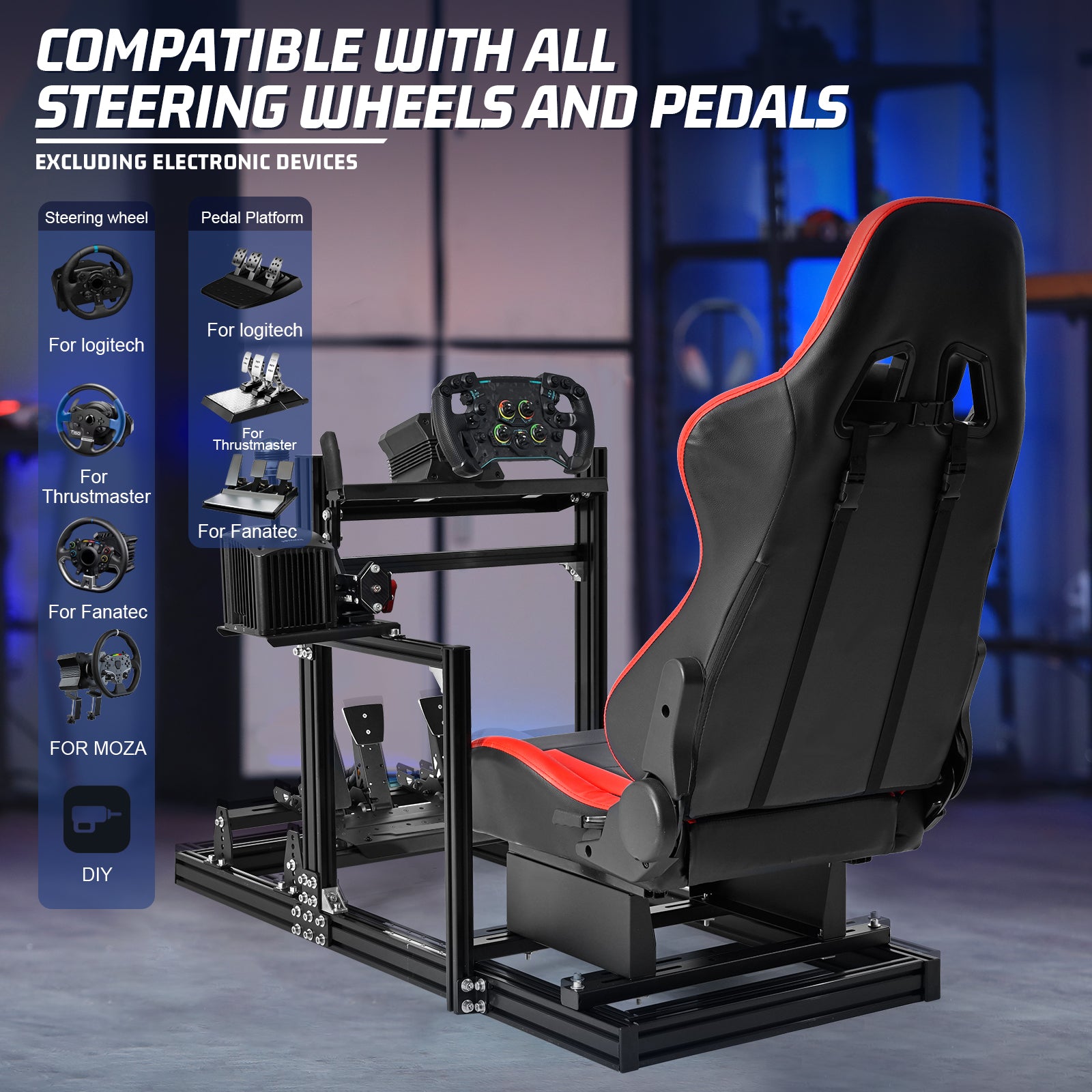 Marada Adjustable 3060 Aluminum Racing Sim Cockpit with Red Seat Compatible with Logitech G920