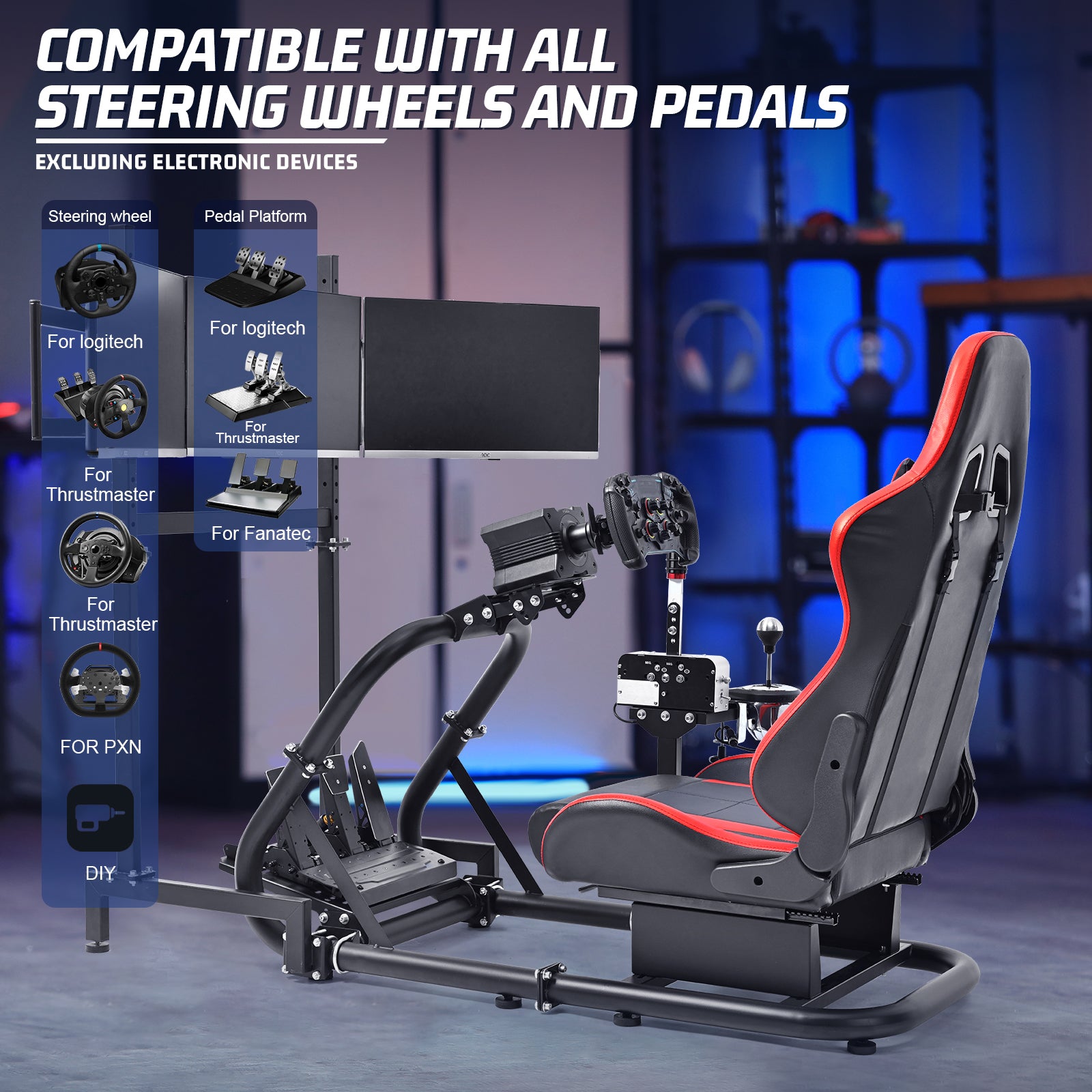 Marada Racing Sim Cockpit with Red Seat & Triple Monitor Stand Fit for Logitech G29