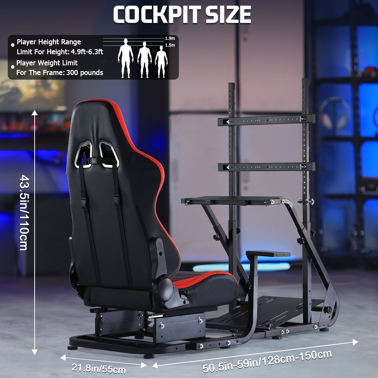 Marada Racing Simulator Cockpit Frame with Monitor Stand, Gear Mount, Red seat Compatible with G923 G920 G29 FANTEC T3PA TGT Height Adjustable Wheel and Pedals Not Included Racing Cockpit Full Kit