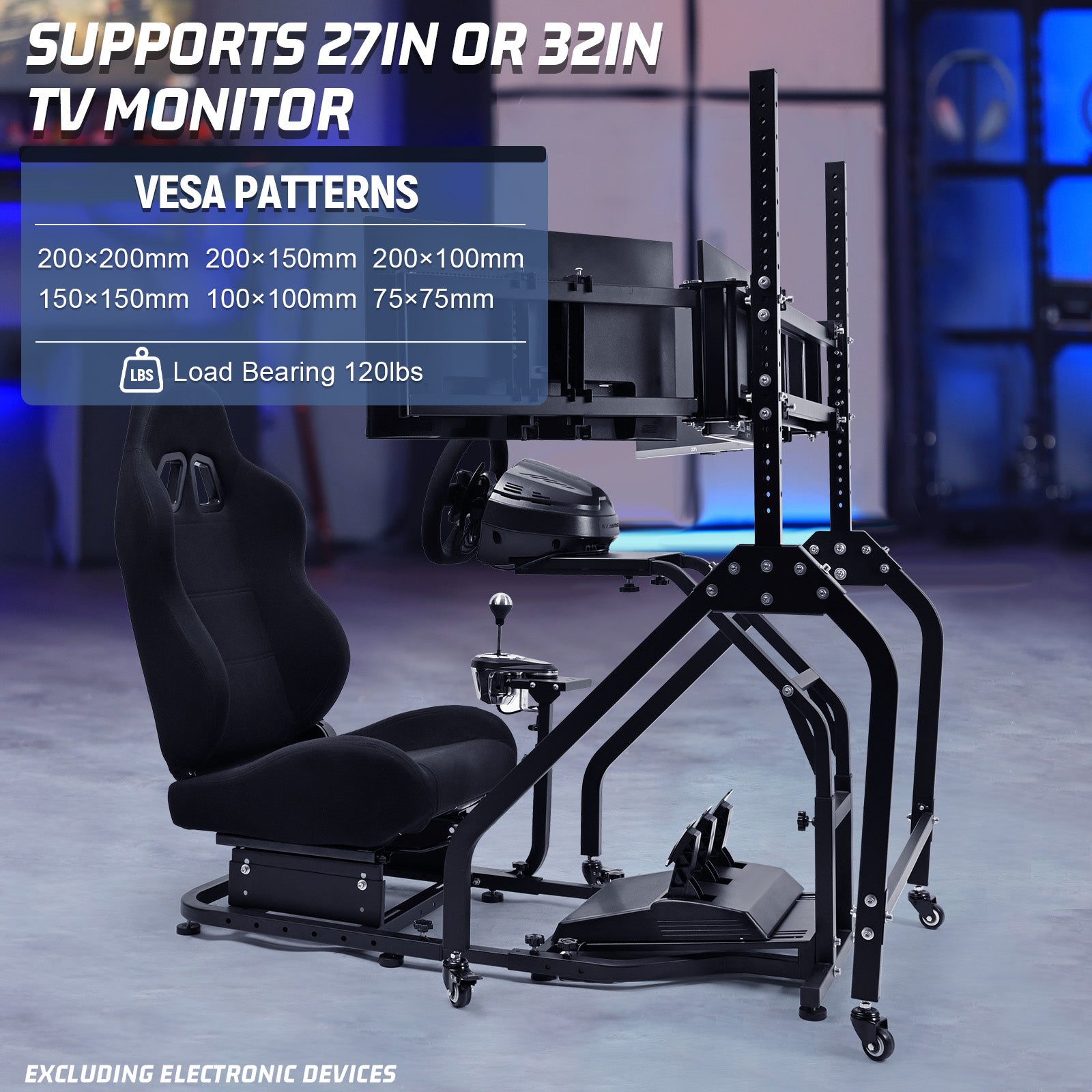 Marada Adjustable Racing Sim Cockpit with Triple Monitor Stand & Black Ergonomic Seat Fits Logitech/Thrustmaster No Electronics