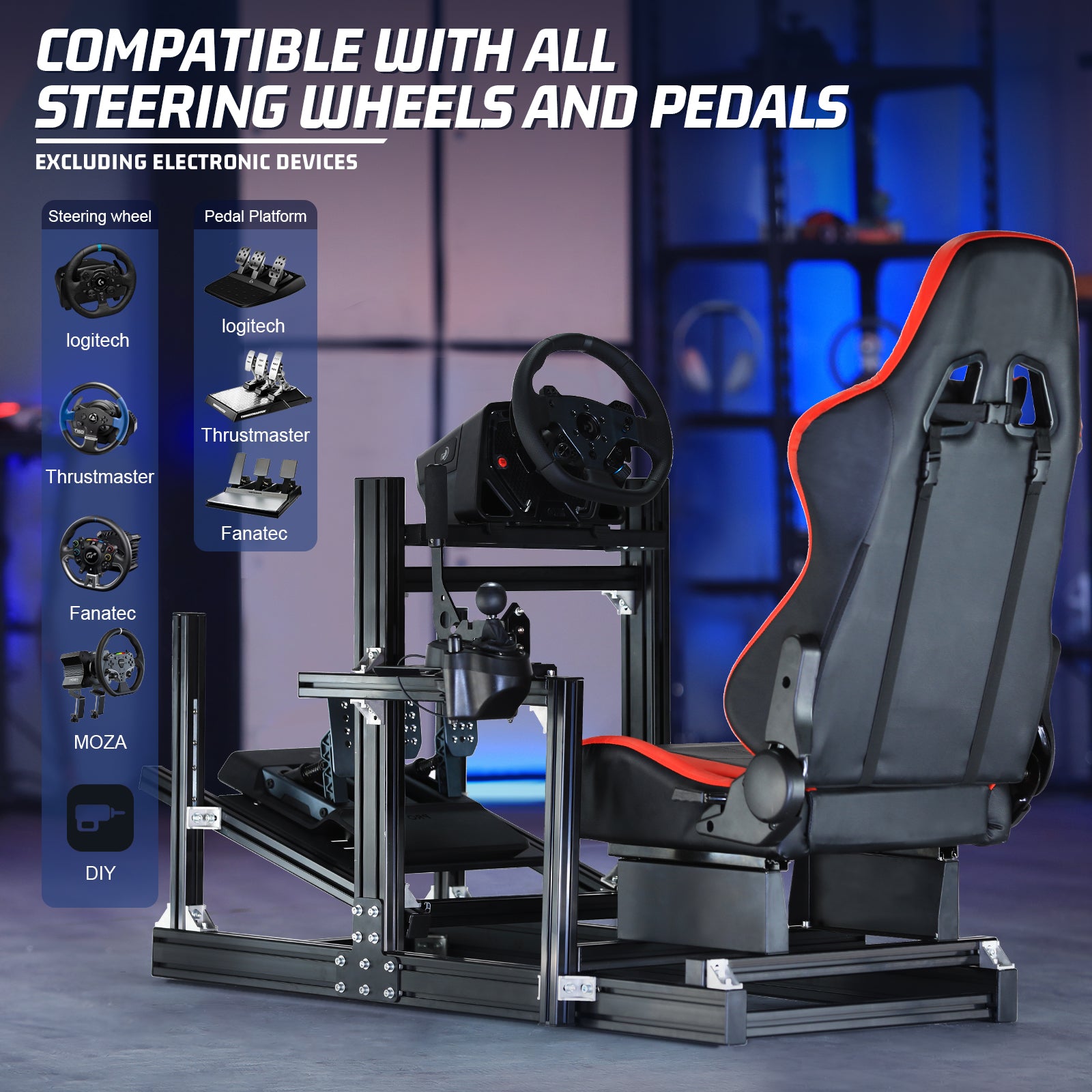 Marada 4080 Aluminum Alloy Racing Cockpit – Stable F1-Style Simulator Stand with Ergonomic Red Seat for Logitech/Thrustmaster/Fanatec Wheels. (Electronics Not Included)