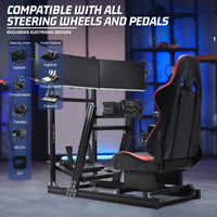 Marada 8040 Aluminum Racing Sim Cockpit with Triple Monitor Stand & Red Gaming Seat, Compatible with Logitech, Thrustmaster, Fanatec, Moza Wheels