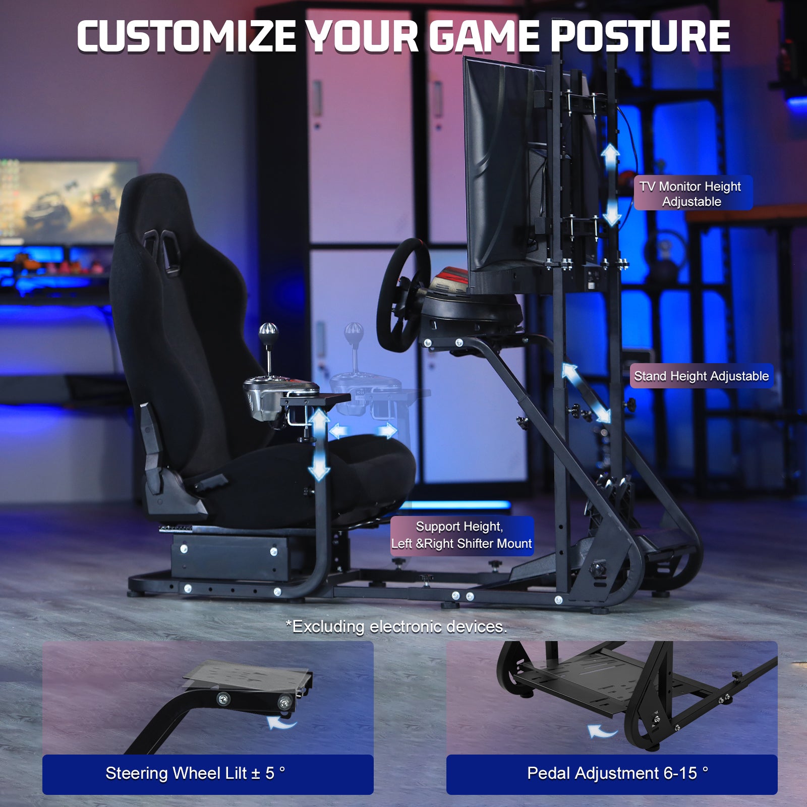 Marada Racing Cockpit Frame with TV Stand, Gear Mount, Black Seat Compatible with G923, G920, T500, FANTEC，T3PA, TGT Height Adjustable Wheel and Pedals Not Included Racing Cockpit Full Kit