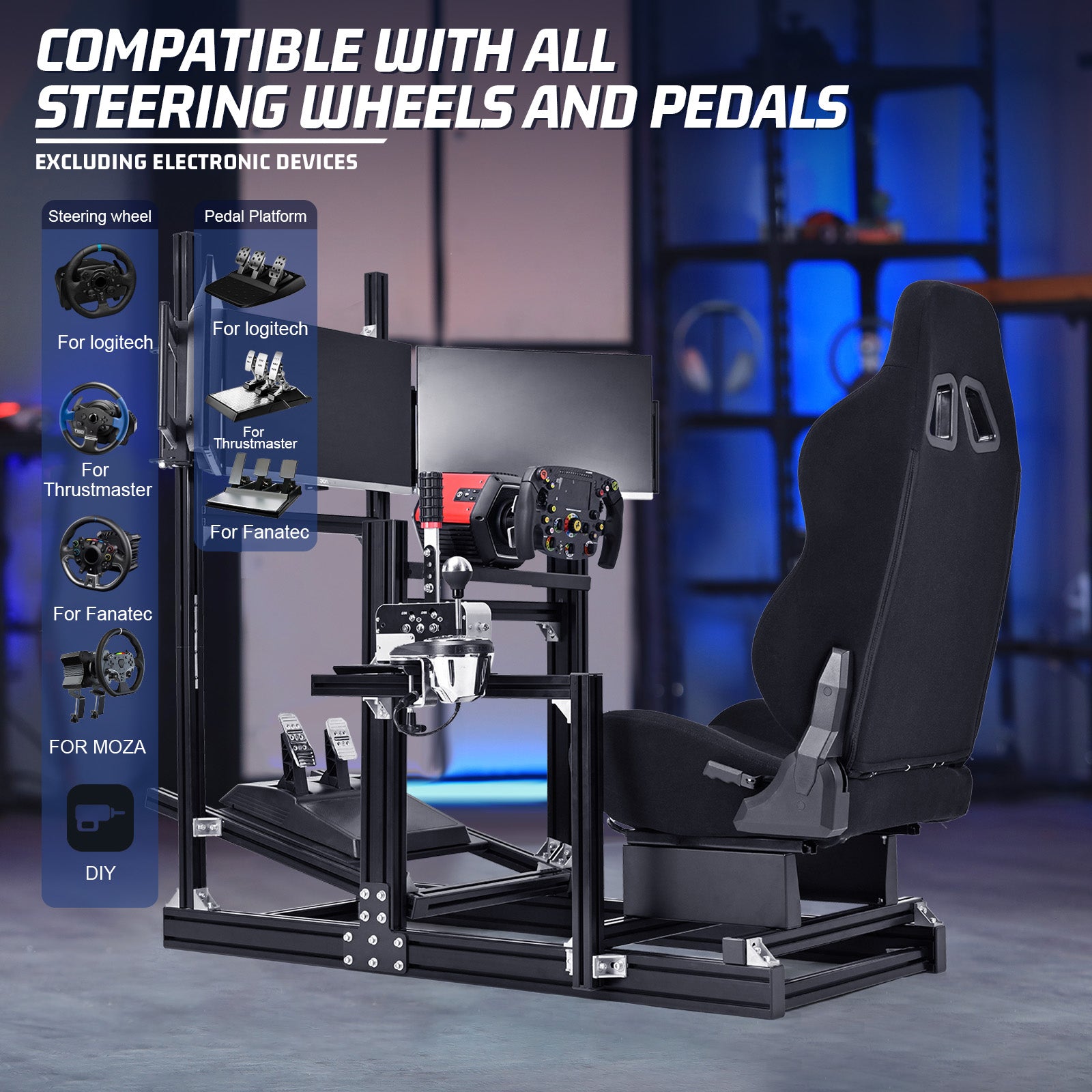 Marada 4080 Aluminum Simulator Cockpit,Adjustable Black Seat, Triple Monitor Mount, Compatible with Major Steering Wheels