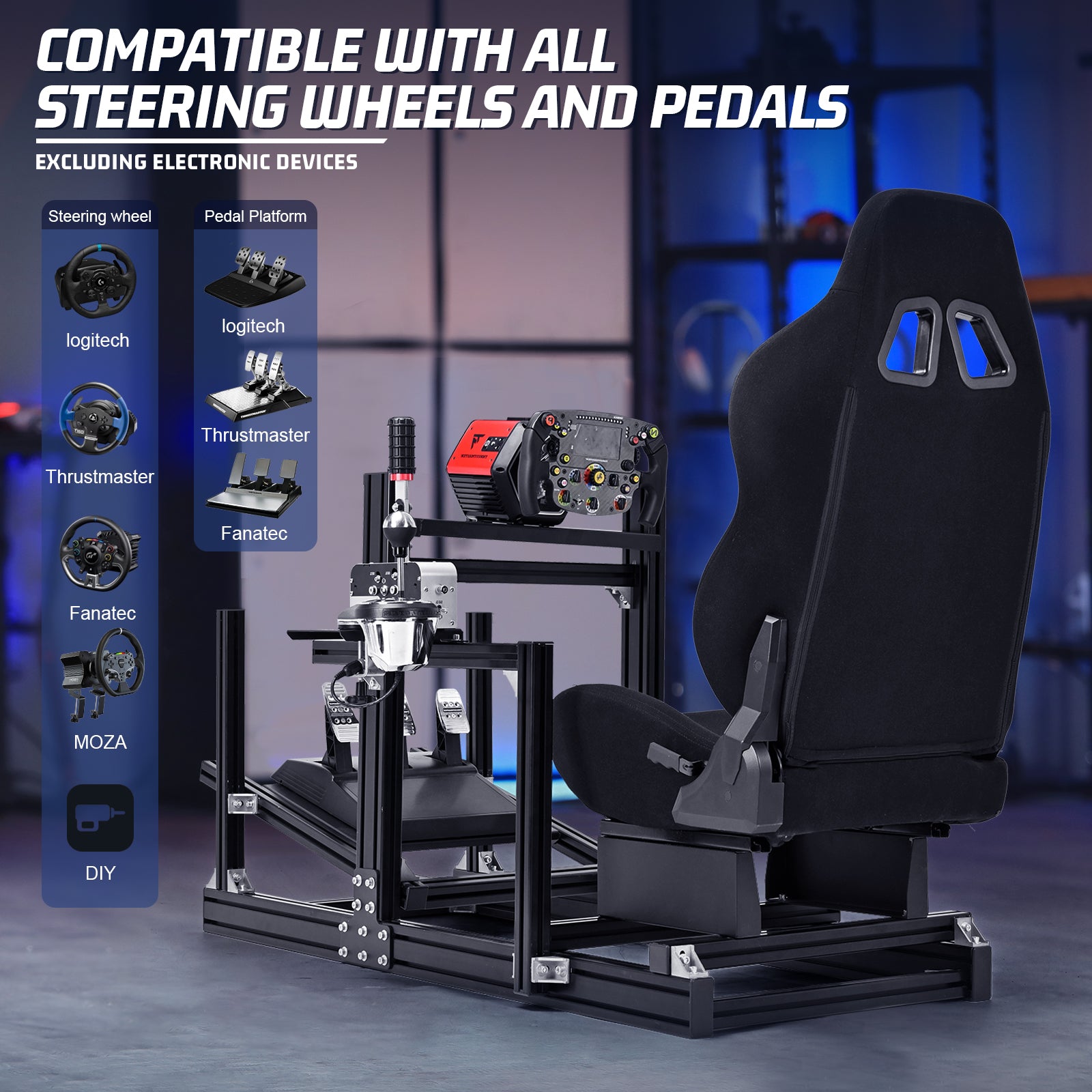 Marada 4080 Aluminum F1 Racing Cockpit Stand with Black Seat – Full Adjustable Simulator Frame Compatible with Logitech/Thrustmaster/Fanatec (Wheel/Pedals/Shifter Not Included)