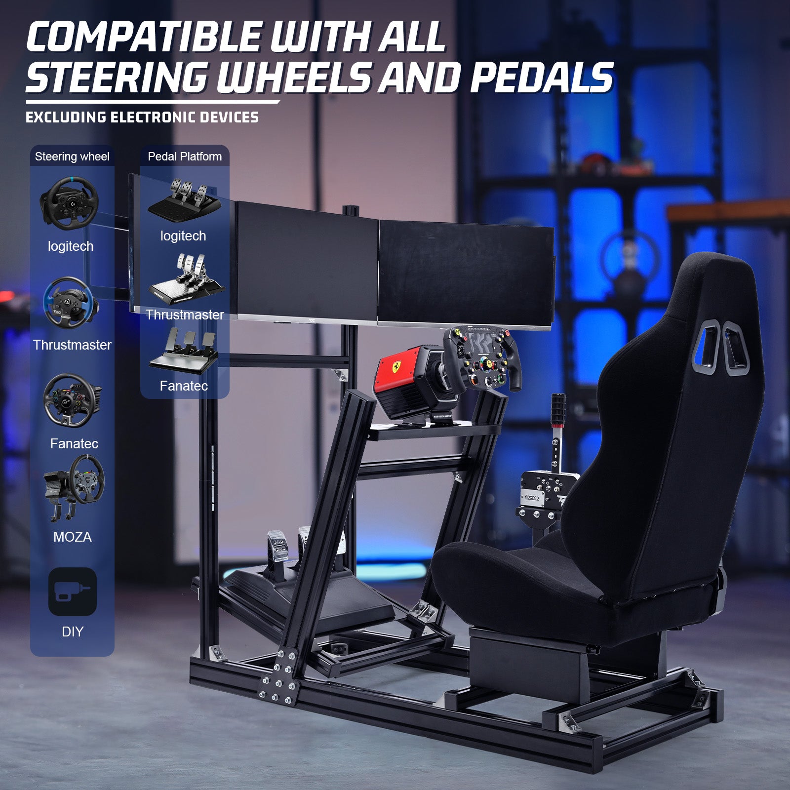 Marada 8040 Triple Screen Sim Rig with Black Racing Seat – Adjustable Cockpit Compatible with Logitech, Thrustmaster, Fanatec & Moza Wheels