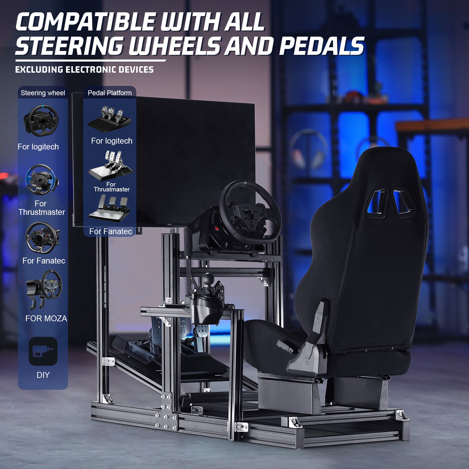 Marada 4080 Adjustable Aluminum Racing Cockpit with Monitor Mount and Black Seat | Compatible with Logitech G29 G920 & Thrustmaster T300