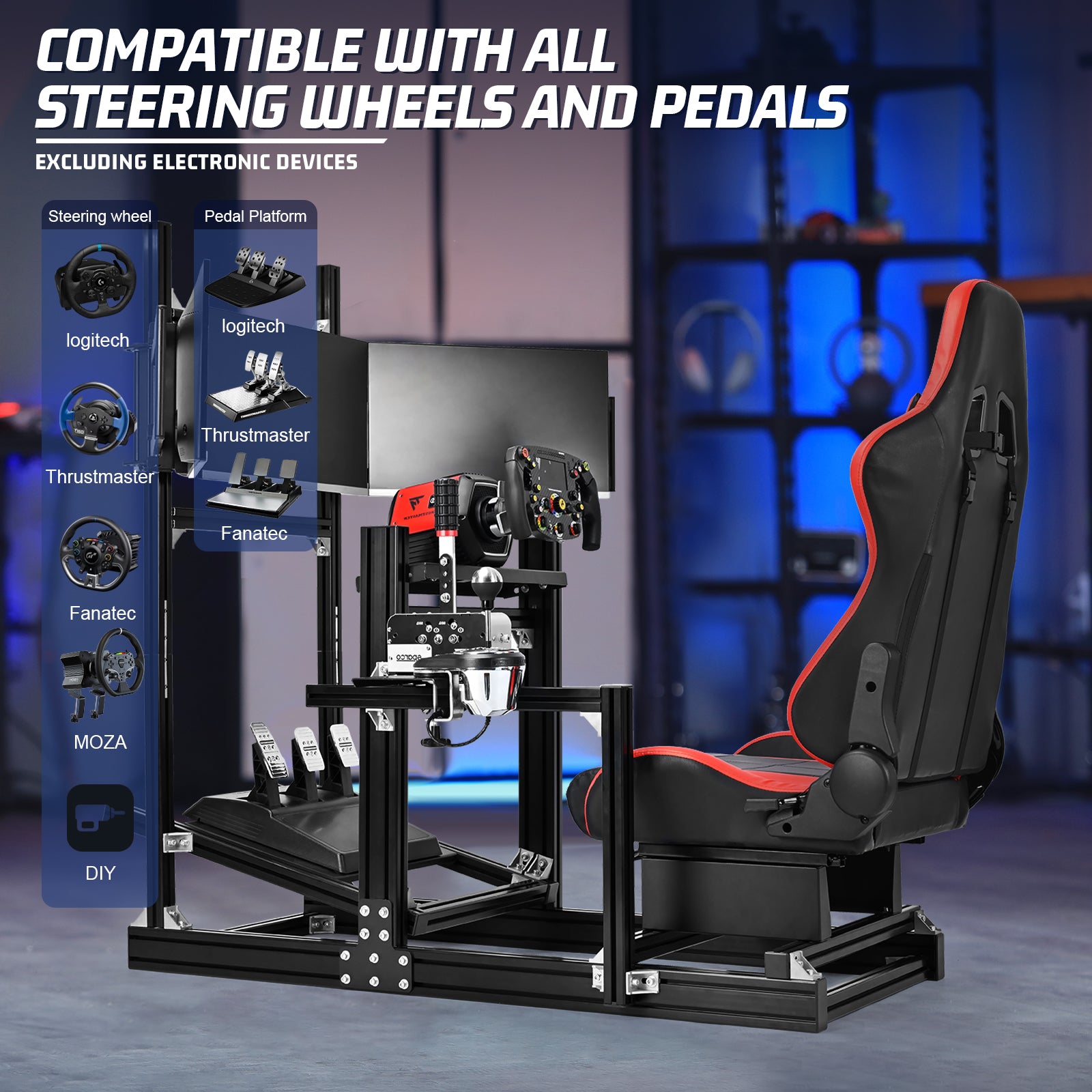 Marada 4080 Aluminum Sim Cockpit with Red Seat & Triple Monitor Mount,No Electronics Included