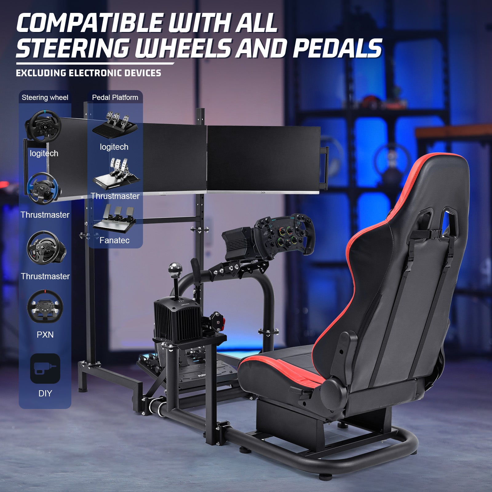 Marada Racing Simulator Cockpit with Triple Monitor Stand & Red Seat Fit LogitechG29