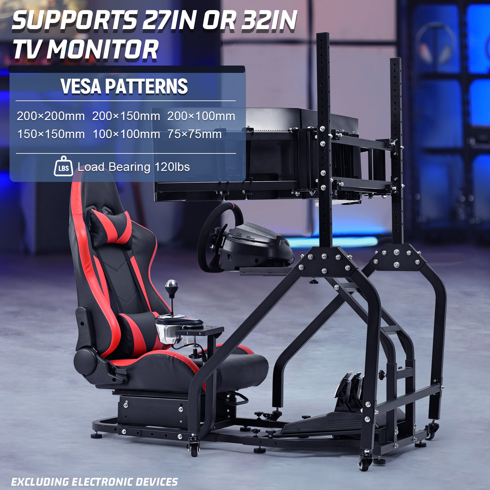 Marada Racing Cockpit Triple Monitor Stand & Red Seat Compatible with Logitech/Thrustmaster Wheels No Electronic Equipment Included