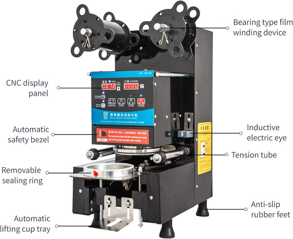 Marada Cup Sealing Machine 90/95mm Electric Cup Sealer Machine Full Automatic 500-650 Cups/H Commercial Boba Sealer Automatic Counting for Boba Milk Tea Coffee Digital Control Panel (Black)