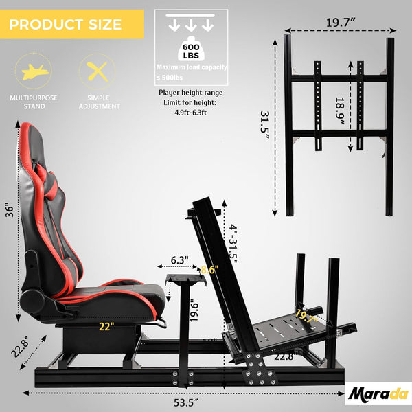 Marada Sim Racing Cockpit Wheel Stand Adjustable Aluminum Fit for Thrustmaster,Fanatec,Moza,Logitech,PXN Racing Frame with Seat