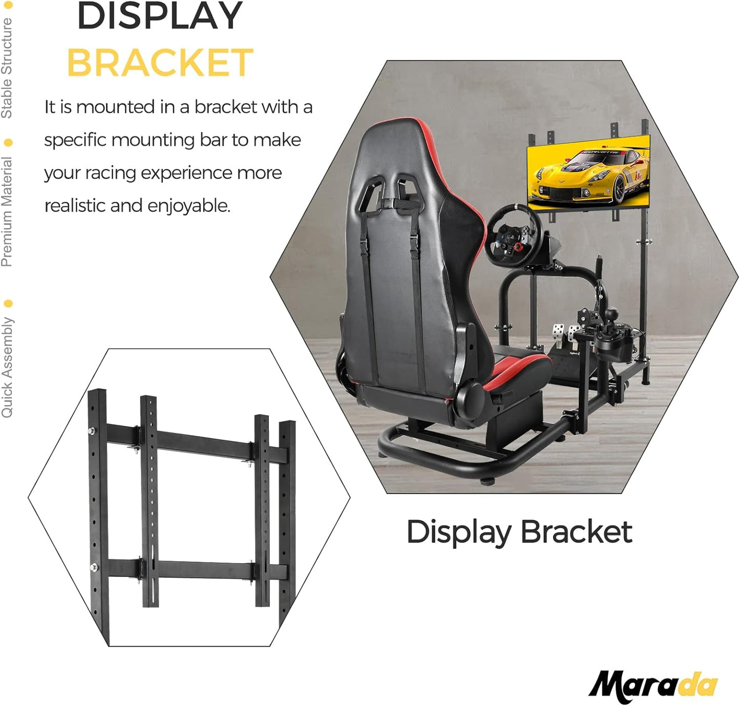 thumbnail interactive-video image 1 of Marada Racing Sim Monitor Frame For Racing Simulator Cockpit Support Screens From 24 To 60 Inches Stable & Height Position Adjustable Driving TV Mount Display Stand For TV And PC Monitors 1 of 10