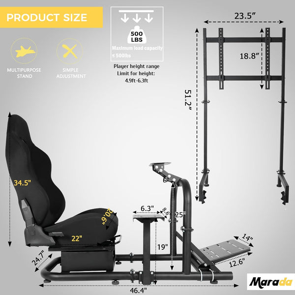 Marada Racing Cockpit with TV Stand & Black Seat Fit for Logitech G923 G920, Thrustmaster, T3PA/TGT, Wheel and Pedal Not Included Driving Simulator Cockpit-55