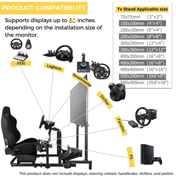 Marada Racing Cockpit with TV Stand & Black Seat Fit for Logitech G923 G920, Thrustmaster, T3PA/TGT, Wheel and Pedal Not Included Driving Simulator Cockpit-55