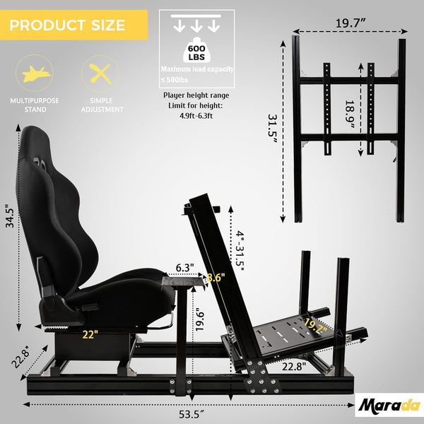 Marada Sim Racing Cockpit Wheel Stand Adjustable Aluminum Fit for Thrustmaster T80,T150,T248X,TX,T300RS,Fanatec，Moza,Logitech G29,G920,G923,PXN Racing Frame with Seat