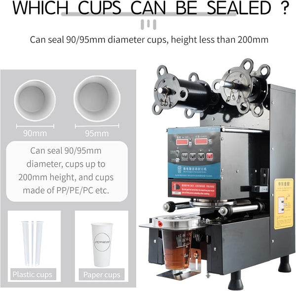 Marada Cup Sealing Machine 90/95mm Electric Cup Sealer Machine Full Automatic 500-650 Cups/H Commercial Boba Sealer Automatic Counting for Boba Milk Tea Coffee Digital Control Panel (Black)