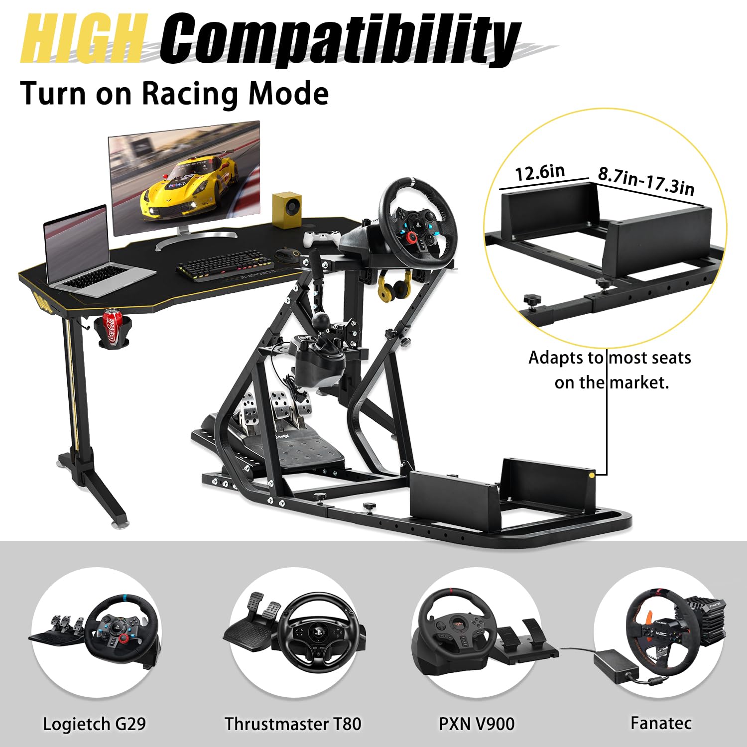 Marada G29 Stable Racing Simulator Cockpit Compatible with Thrustmaster/Logitech/PXN/Fanatec T300RS, T500RS, G25, G27, G923, G920, Adjustable Mount Steering Wheel, Pedal, Handbrake Not Included
