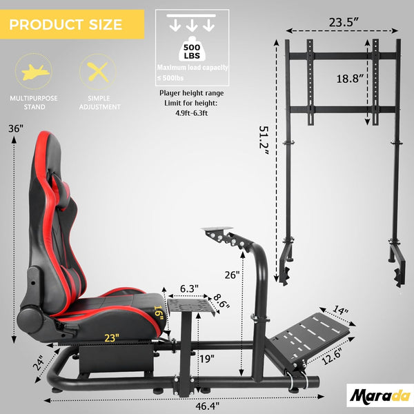 Marada Driving Simulator Cockpit with Monitor Stand & Red Seat Fit for G923 G920 T500,FANTEC,T3PA/TGT Stable & Strong Wheel and Pedals Not Included Racing Cockpit Full,Kit-57