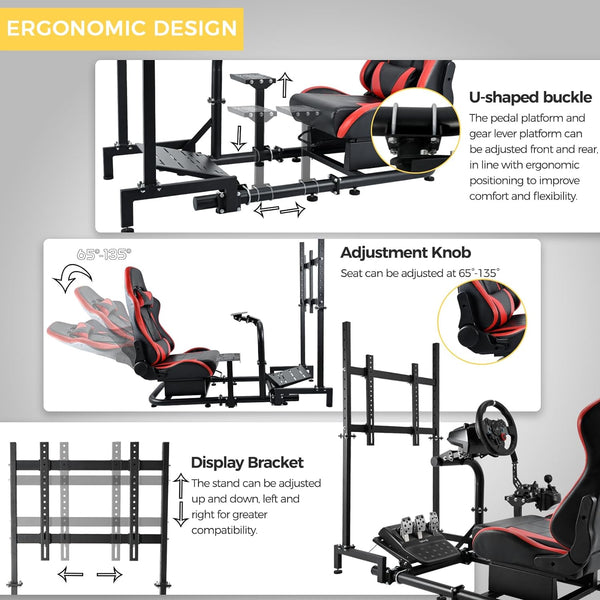 Marada Driving Simulator Cockpit with Monitor Stand & Red Seat Fit for G923 G920 T500,FANTEC,T3PA/TGT Stable & Strong Wheel and Pedals Not Included Racing Cockpit Full,Kit-57