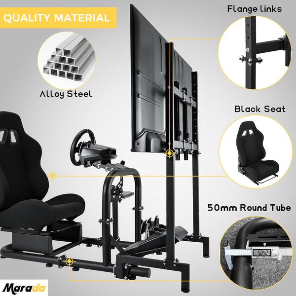 Marada Racing Cockpit with TV Stand & Black Seat Fit for Logitech G923 G920, Thrustmaster, T3PA/TGT, Wheel and Pedal Not Included Driving Simulator Cockpit-55