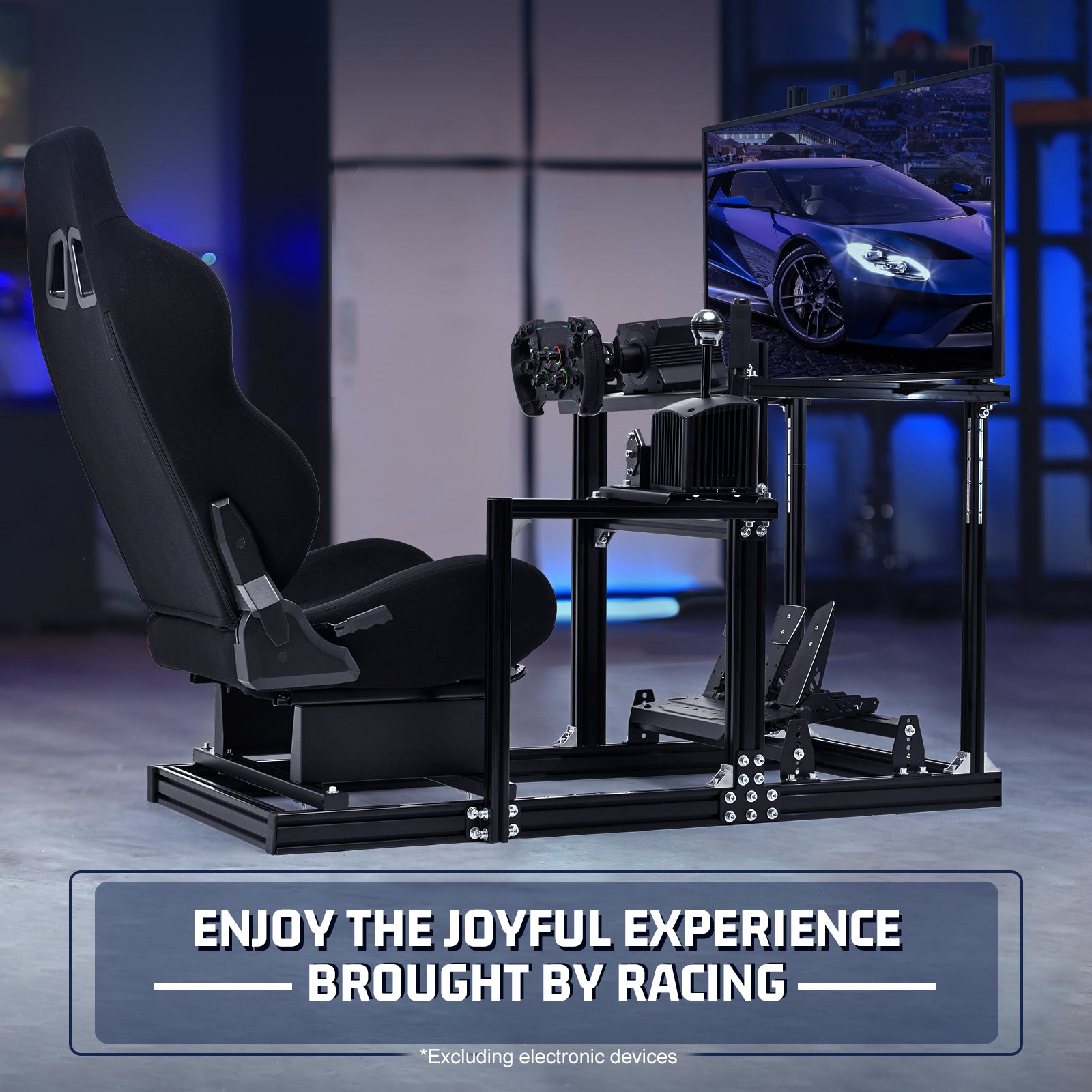 Marada 3060 Aluminum Racing Cockpit with Black PVC Seat and Integrated Display Mount, Compatible with Logitech G29 Series and Other Mainstream Steering Wheels, Includes Cockpit Frame Only - Electronics Not Included