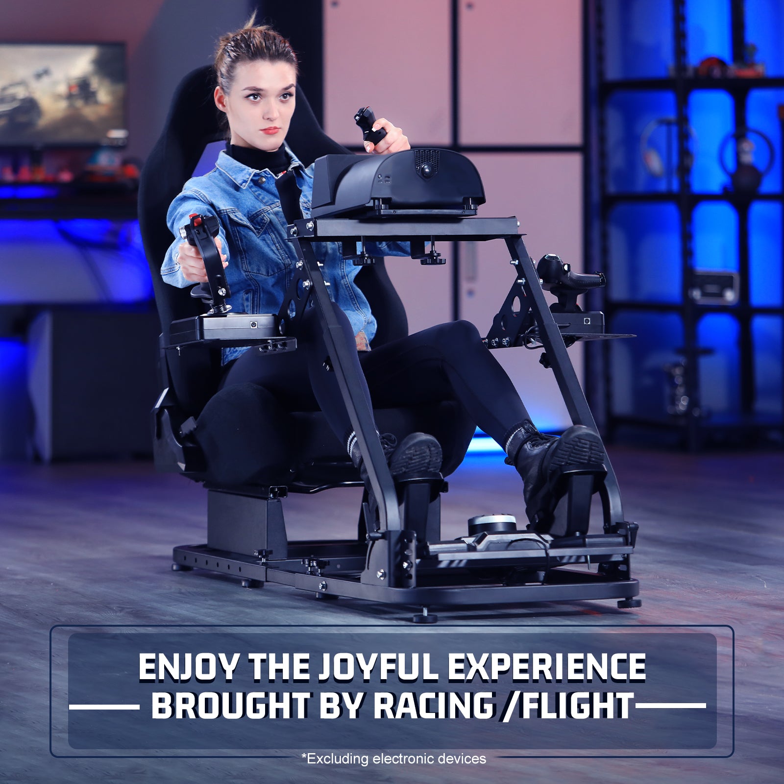 Marada Flight Sim Cockpit with Black Seat and Racing Wheel Stand for Driving and Flight Simulator Fit for HOTAS Warthog, Thrustmaster,Logitech Adjustable |Throttle,Joystick,Keyboard not Included|